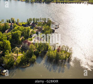 Aerial view, Castle Church Johanniterkirche on the castle island Mirow, Mirow, Mecklenburg Lake District, Mecklenburg-Vorpommern Stock Photo