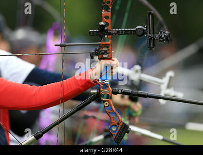 Archers on the practice field during the European Archery Championships 2016 qualifying, at Nottingham University Campus. PRESS ASSOCIATION Photo. Picture date: Thursday May 26, 2016. See PA story ARCHERY Nottingham. Photo credit should read: Tim Goode/PA Wire. EDITORIAL USE ONLY, NO COMMERCIAL USE WITHOUT PRIOR PERMISSION, PLEASE CONTACT PA IMAGES FOR FURTHER INFO: Tel: +44 (0) 115 8447447. Stock Photo