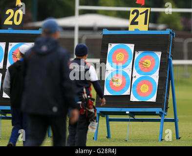 Archers retrieve arrows from the practice boards during the European Archery Championships 2016 qualifying, at Nottingham University Campus. Stock Photo