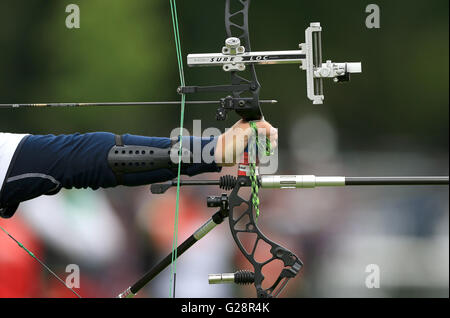 Archers on the practice field during the European Archery Championships 2016 qualifying, at Nottingham University Campus. Stock Photo