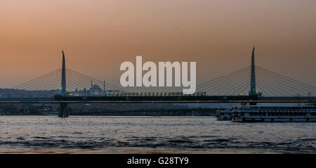 The Golden Horn Metro Bridge is a cable-stayed bridge along the M2 line of the Istanbul,Turkey Stock Photo