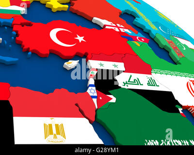 Map of Middle East on globe with embedded flags of countries. 3D illustration. Stock Photo