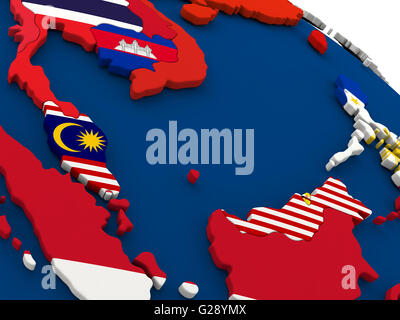 Map of Malaysia on globe with embedded flags of countries. 3D illustration. Stock Photo