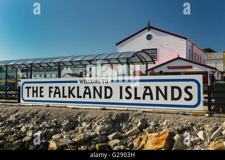 A welcome sign at the port of Stanley, East Falkland Islands, British Overseas Territory. Stock Photo