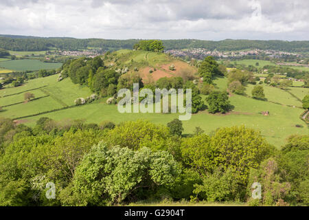 The tree topped Downham Hill in springtime from Uley Bury hillfort near Dursley, Gloucestershire, England,UK Stock Photo