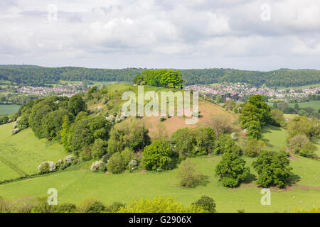 The tree topped Downham Hill in springtime from Uley Bury hillfort and Dursley beyond, Gloucestershire, England,UK Stock Photo
