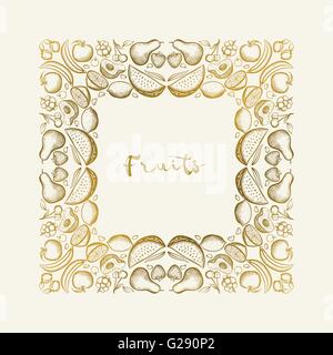 Vector hand drawn frame. Border is made with seamless pattern with various fruits. Stock Vector