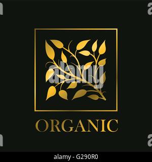Vector simple round floral design. Gold branch and leaves stylize in square frame. Ideal for elegant invitations or cosmetics Stock Vector
