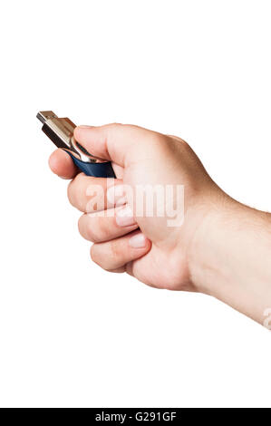 A hand and an usb flash memory stick on a white background isolated Stock Photo