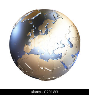Europe on metallic model of planet Earth with embossed continents and ...