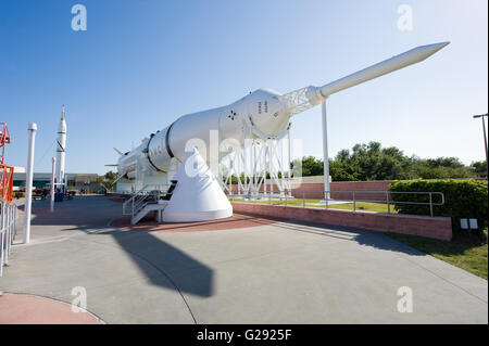 Several rockets are exhibited in rocket garden in the visitor complex of Kennedy Space Center Stock Photo