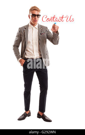 Contact us concept using an isolated on white man clicking on contact us button. Stock Photo