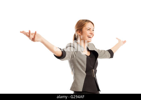 Successful and happy business woman concept with one female model holding her arms up Stock Photo