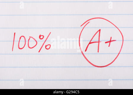 A plus (A+) grade with 100 percent written in red pen on notebook paper. Stock Photo