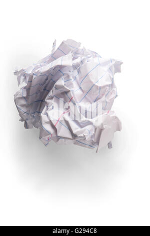 A piece of crumpled up notebook paper in a ball, on white with shadow. Stock Photo