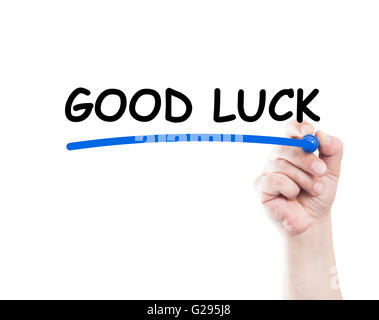 Good luck text written underlined on transparent screen with marker held by hand Stock Photo