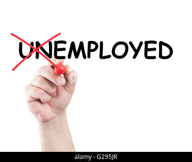 Unemployed or employed concept written by hand using a marker on transparent wipe board with white background and copy space Stock Photo