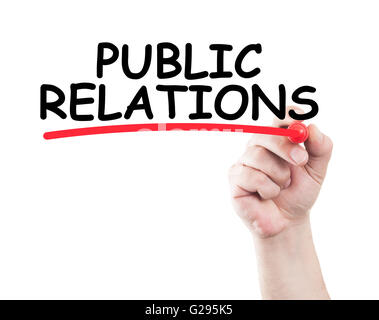 Public Relations written by hand using a marker and underline on transparent wipe board with white background and copy space Stock Photo