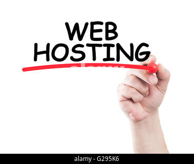 Web hosting concept made by a human hand holding a marker on transparent wipe board Stock Photo