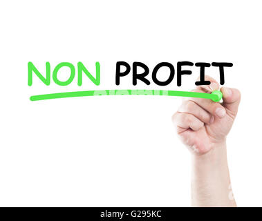 Non profit concept made by a human hand holding a marker on transparent wipe board Stock Photo