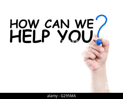 How can we help you question concept made on transparent wipe board with a hand holding a marker Stock Photo