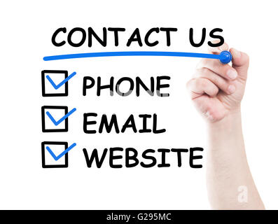 Contact us by phone, email or website check boxes concept made on transparent wipe board with a hand holding a marker Stock Photo