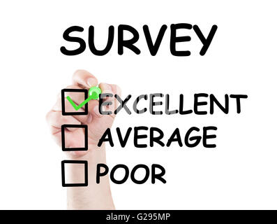 Survey text and checkboxes rating excellent average and poor. Concept made on transparent wipe board with a marker Stock Photo