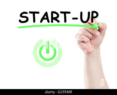 Start Up concept and button drawor written on transparent white wipe board with a hand holding a marker Stock Photo