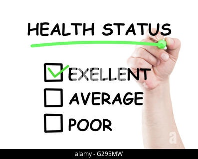 Excellent health status  concept draw on transparent white wipe board with a hand holding a marker Stock Photo