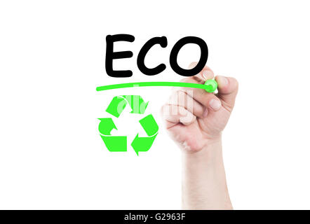 Eco concept text write on transparent wipe board by hand holding a marker Stock Photo