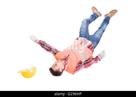 Work accident concept with a construction worker or builder fall on the floor Stock Photo