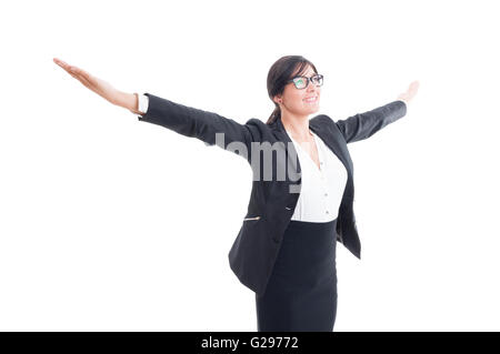 Successful business woman with arms wide open, outstretched or outspread Stock Photo