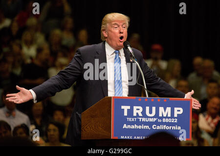 Anaheim, California, USA. 25th May, 2016. Republican presidential candidate DONALD TRUMP addresses supporters at the Anaheim Convention Center on Wednesday, May 25, 2016 in Anaheim, Calif. Credit:  Gabriel Romero/ZUMA Wire/Alamy Live News Stock Photo