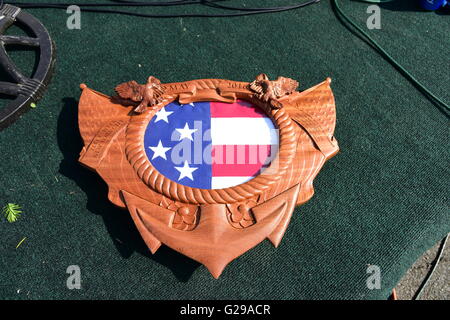 New York City, United States. 25th May, 2016. Ceremonial US flag that flew over Ground Zero for presentation to ships' captains. The 28th annual NYC Fleet Week brought US navy & coast guard ships to the Brooklyn Ferry Terminal in Red Hook where sailors, guard & marines were greeted with entertainment, awards & hearty bbq plates. Credit:  Andy Katz/Pacific Press/Alamy Live News Stock Photo