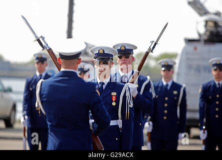 New York City, United States. 25th May, 2016. US coast guard precision rifle team demonstrates skill. The 28th annual NYC Fleet Week brought US navy & coast guard ships to the Brooklyn Ferry Terminal in Red Hook where sailors, guard & marines were greeted with entertainment, awards & hearty bbq plates. Credit:  Andy Katz/Pacific Press/Alamy Live News Stock Photo