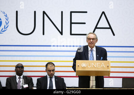 (160526) -- NAIROBI, May 26, 2016 (Xinhua) -- Jan Eliasson, the UN Deputy Secretary General, speaks at the high level segment of the second edition of United Nations Environment Assembly (UNEA2), in Nairobi, Kenya, on May 26, 2016. The second edition of United Nations Environment Assembly (UNEA2) entered the homestretch on Thursday with dignitaries renewing the call for concerted efforts to hasten low carbon and inclusive economic growth. An estimated 2,500 delegates from 170 UN member states who include ministers, policymakers, industry executives and campaigners are attending the global env Stock Photo