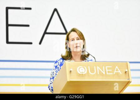(160526) -- NAIROBI, May 26, 2016(Xinhua) -- French Minister of the Environment, Energy and the Sea Segolene Royal speaks during the opening of the high level segment of the second edition of United Nations Environment Assembly (UNEA2) in Nairobi, Kenya, May 26, 2016. The second edition of United Nations Environment Assembly (UNEA2) entered the homestretch on Thursday with dignitaries renewing the call for concerted efforts to hasten low carbon and inclusive economic growth. (Xinhua/Sun Ruibo) Stock Photo
