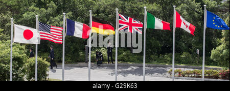 Shima, Japan. 27th May, 2016. The flags of the pariticipating states are seen during the G7 Ise-Shima Summit in Shima, Japan, 27 May 2016. Heads of state and government of the seven leading industrialized nations (G7) met at the 42nd G7 summit from 26 to 27 May 2016. Photo: Michael Kappeler/dpa/Alamy Live News Stock Photo