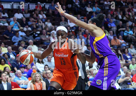 May 26, 2016; Uncasville, CT, USA; Connecticut Sun forward Chiney Ogwumike (13) drives to the basket against Los Angeles Sparks forward Candace Parker (3) during the second half of an WNBA basketball game between the Connecticut Sun and Los Angeles Sparks at Mohegan Sun Arena. Los Angeles defeated Connecticut 77-72. Anthony Nesmith/Cal Sport Media Stock Photo