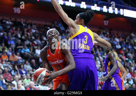 May 26, 2016; Uncasville, CT, USA; Connecticut Sun forward Chiney Ogwumike (13) drives to the basket against Los Angeles Sparks forward Candace Parker (3) during the second half of an WNBA basketball game between the Connecticut Sun and Los Angeles Sparks at Mohegan Sun Arena. Los Angeles defeated Connecticut 77-72. Anthony Nesmith/Cal Sport Media Stock Photo