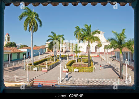 Plaza Mayor with traditional colonial buildings in Trinidad, Cuba taken from Casa de Aldeman Ortiz (Art Gallery). Stock Photo