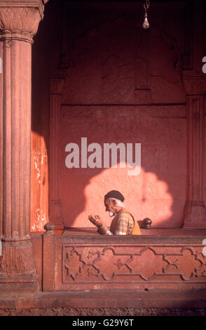 A Muslim man prays in Jami Masjid Mosque. Old Delhi,Inida Stock Photo