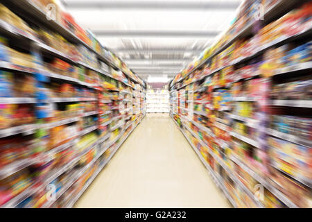 Abstract blurred photo of store in department store, Empty supermarket aisle, Motion blur Stock Photo