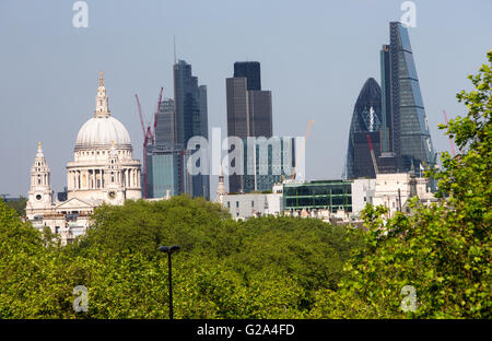 View of St Paul's Cathedral with lush greenery in the foreground and the City of London including The Gherkin and Tower 42 Stock Photo