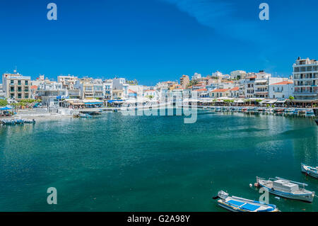 Seaside resort town of Agios Nikolaos located on the north-east side of Crete, Greece Stock Photo