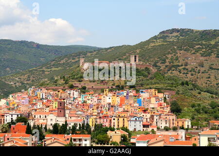 Castle and Colorful Houses in Bosa, Sardinia, Italy. Stock Photo