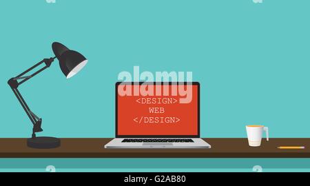 web design illustration on workspace with laptop notebook computer coffee cup and desk lamp vector Stock Vector