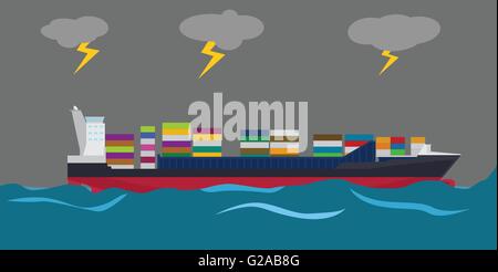 container ship on middle of sea and bad weather with lightning in clouds Stock Vector