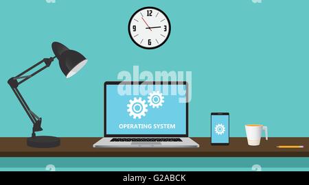 os operating system computer with gear and notebook on workdesk vector graphic Stock Vector