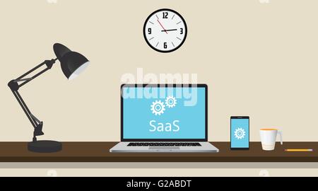 saas software as a service concept with laptop on the desk and gear vector graphic illustration Stock Vector